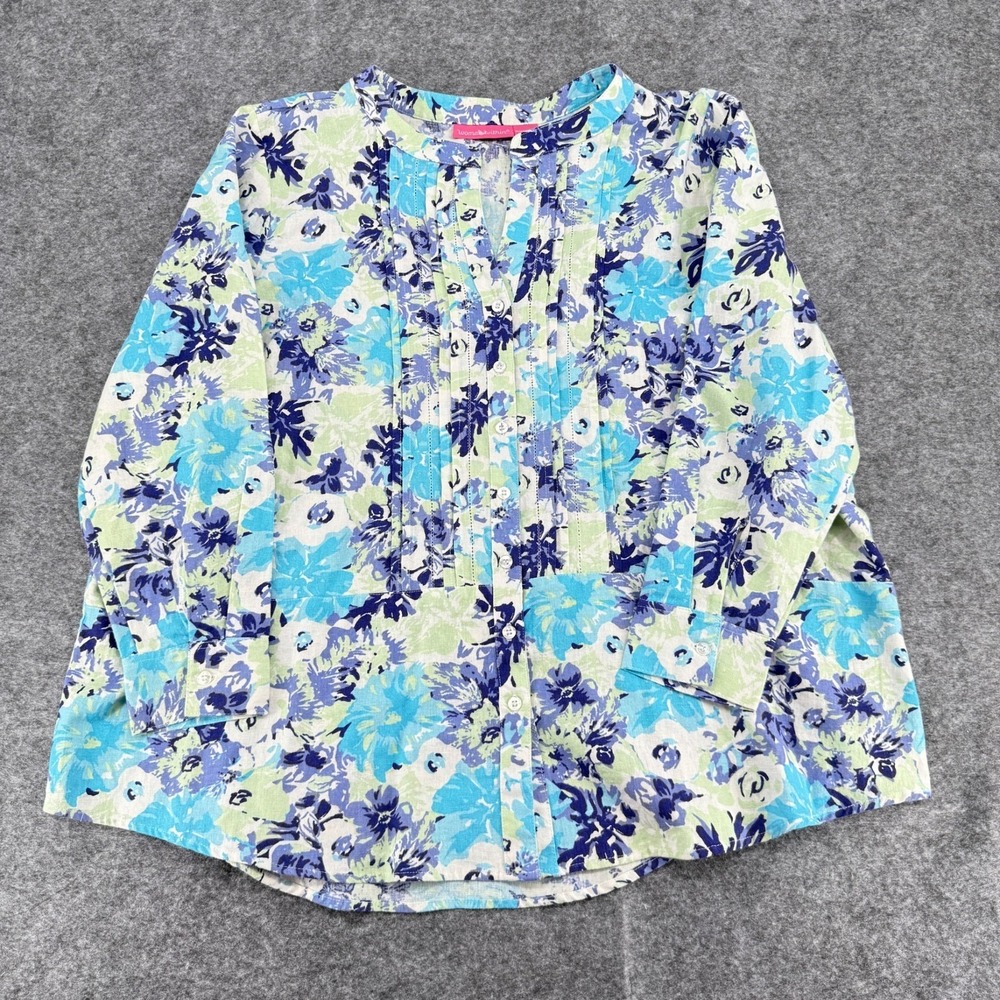 Woman Within Floral‎ Button-Front Top French Lilac Print 1X Linen Blend